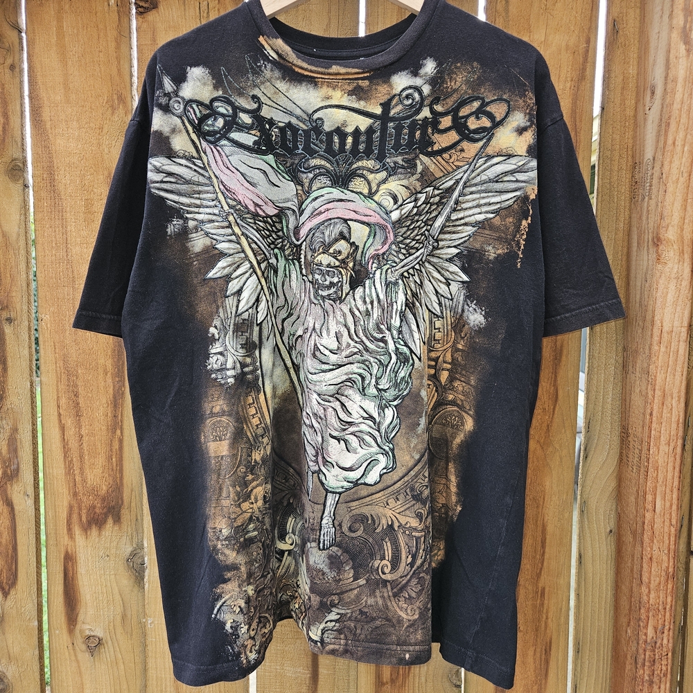 Mens Last Hold EXOCOUTURE Black Graphic Angel Wings T-Shirt Y2K Style sz XL